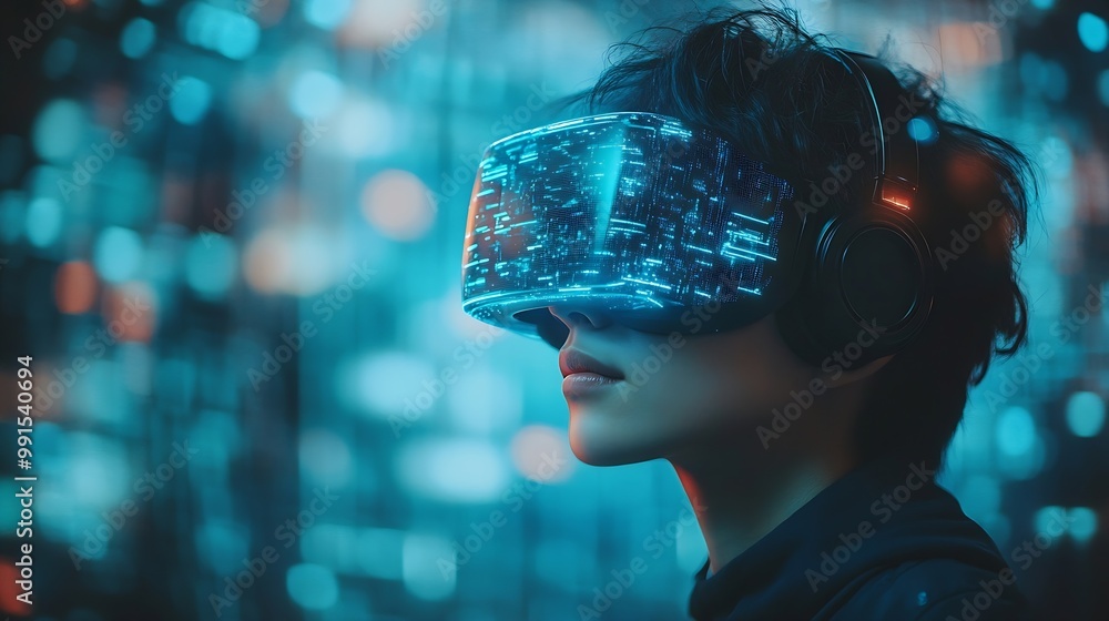 Aufkleber Metaverse and Blockchain Technology Concepts Person with an Experiences of Metaverse Virtual World via Smart Phone Futuristic Tone Conceptual Photo : Generative AI