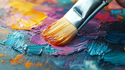 Fototapeta premium A close-up of a paintbrush blending vibrant oil paints in shades of purple, blue, yellow, and orange