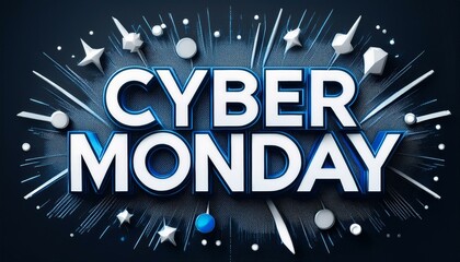 Promotional text in white and blue on dark backdrop for cyber monday deals