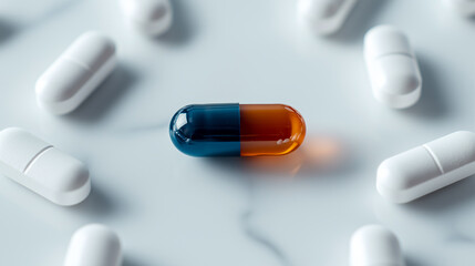 A striking composition of shiny pills in close up, featuring vibrant orange and blue capsule surrounded by white capsules, evokes sense of health and wellness