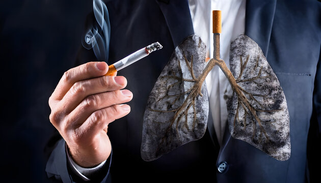 A hand holding a cigarette next to lungs filled with smoke symbolizes the health risks of smoking, including lung cancer and illness, emphasizing the importance of World No Tobacco Day.