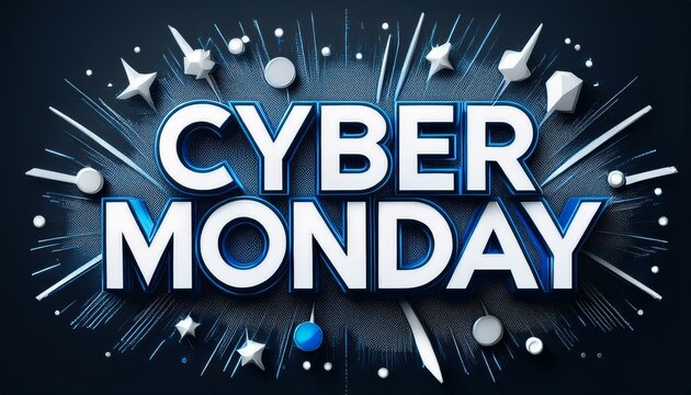 Promotional text in white and blue on dark backdrop for cyber monday deals