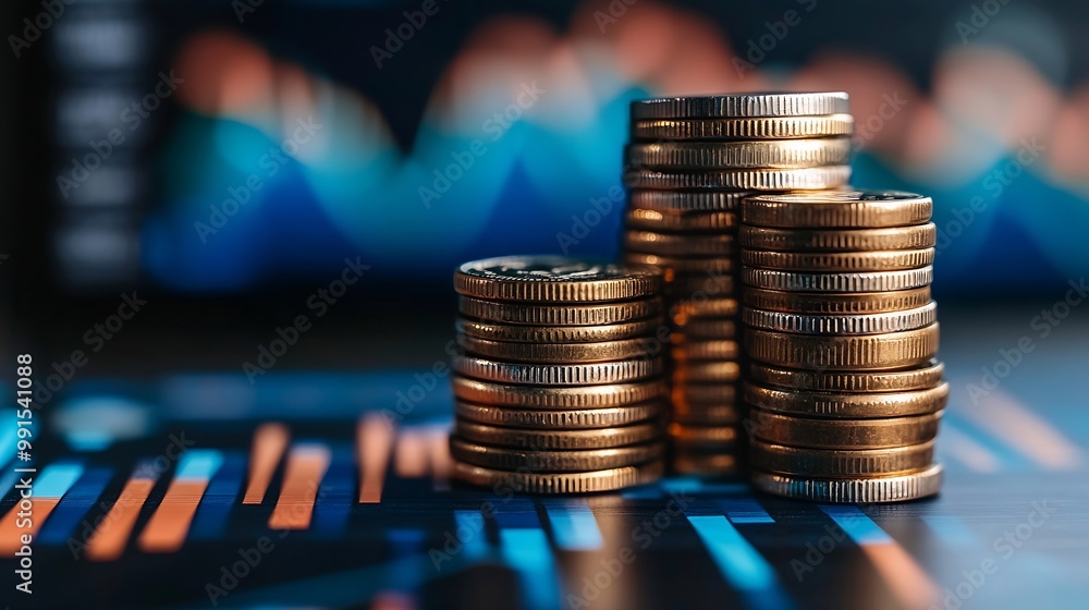 Poster Money coin stack on office desk with graph and up arrow with blue filter Business and finance concept : Generative AI