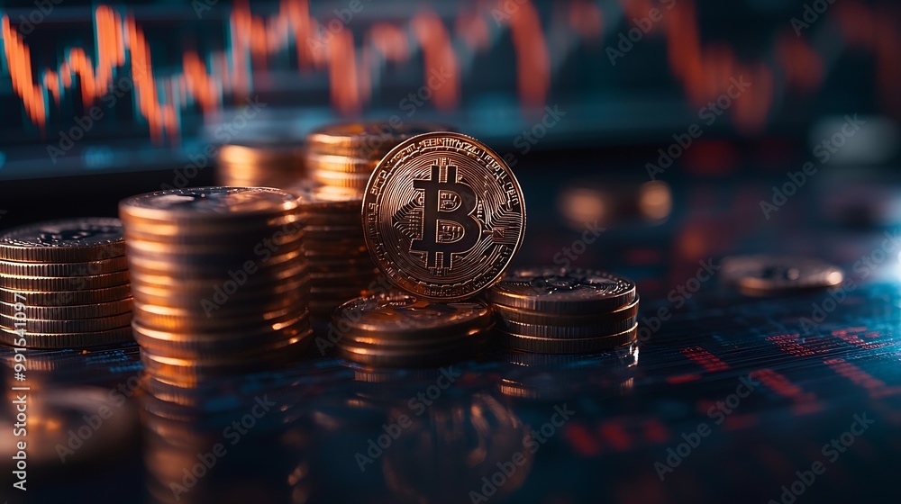 Poster pile of money coin with trading graph financial investment background : generative ai