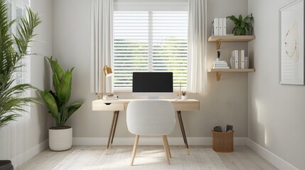 A stylish home office with a simple desk, ergonomic chair, and minimalistic decor, showcasing a productive yet calm workspace.