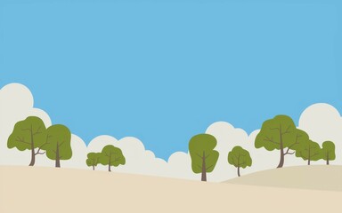 Sunny landscape with trees. Tranquil scenery of trees under a bright blue sky with puffy clouds, symbolizing peace and serenity.