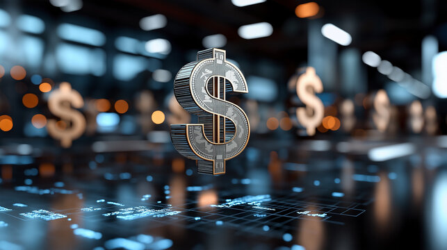 Floating dollar signs create dynamic and modern financial atmosphere, symbolizing wealth and investment opportunities in digital environment