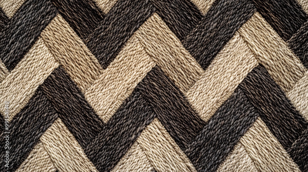 Poster close-up of woven textured fabric with beige and brown threads in chevron pattern.