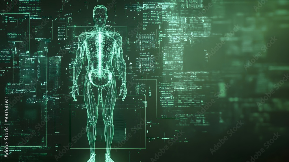 Poster a digital scan of a human figure with green lines and code in the background