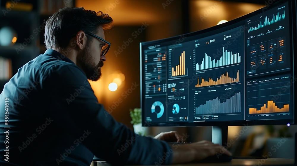 Poster An analyst uses a computer and dashboard for data business analysis and Data Management System with KPI and metrics connected to the database for technology finance operations sales ma : Generative AI