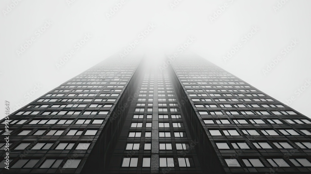 Poster close-up of the upper floors of a high-rise building with a clear background above for text. -