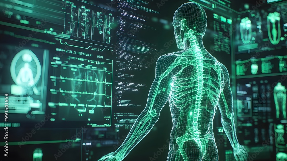 Poster wireframe human skeleton in front of digital interface