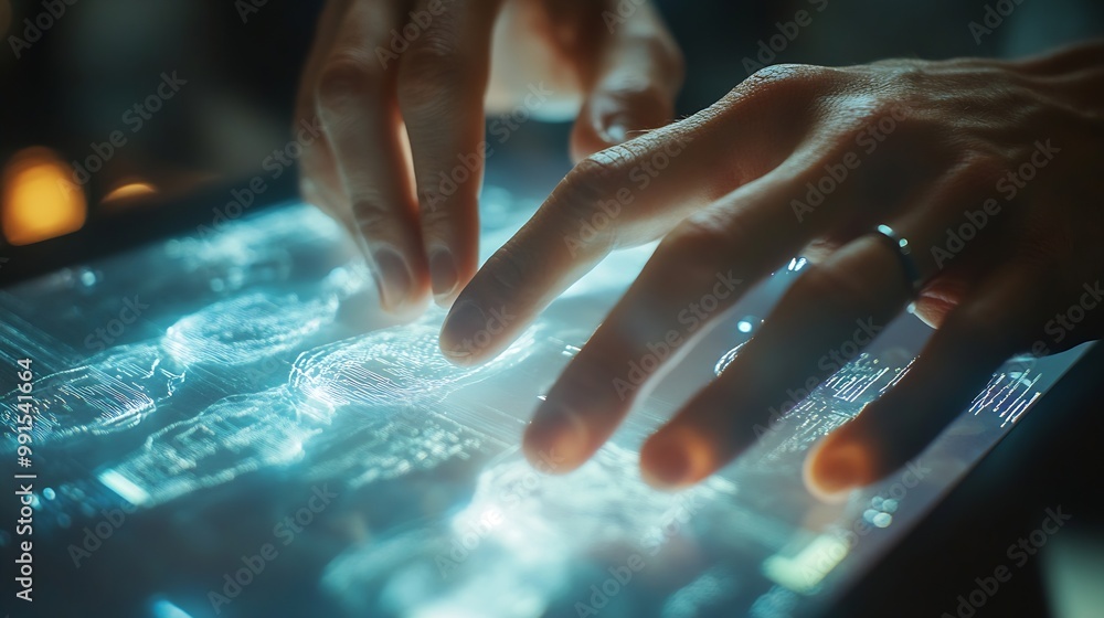 Poster Close up of human hands using virtual panel : Generative AI