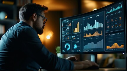 An analyst uses a computer and dashboard for data business analysis and Data Management System with KPI and metrics connected to the database for technology finance operations sales ma : Generative AI