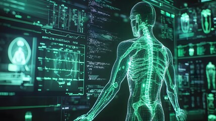 Wireframe Human Skeleton in Front of Digital Interface