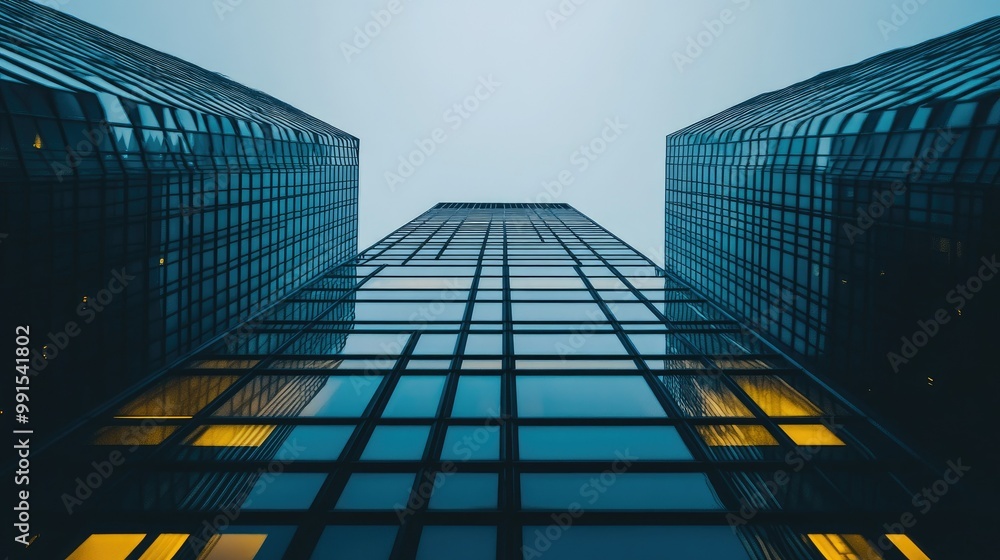 Poster close-up of the upper floors of a high-rise building with a clear background above for text. -