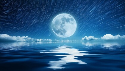 Romantic Moon With Clouds And Starry Sky Over Sparkling Blue Water