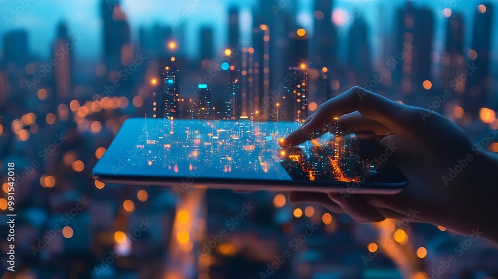Poster Digital marketing data exchange global business Businessman using digital tablet computer double exposure with smart city online marketing data transfer global internet network technol : Generative AI
