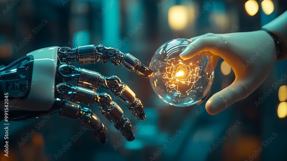 Fototapete AI Machine learning Hands of robot and human touch on big data network Brain data creative in light bulb Science and artificial intelligence technology innovation for futuristic : Generative AI