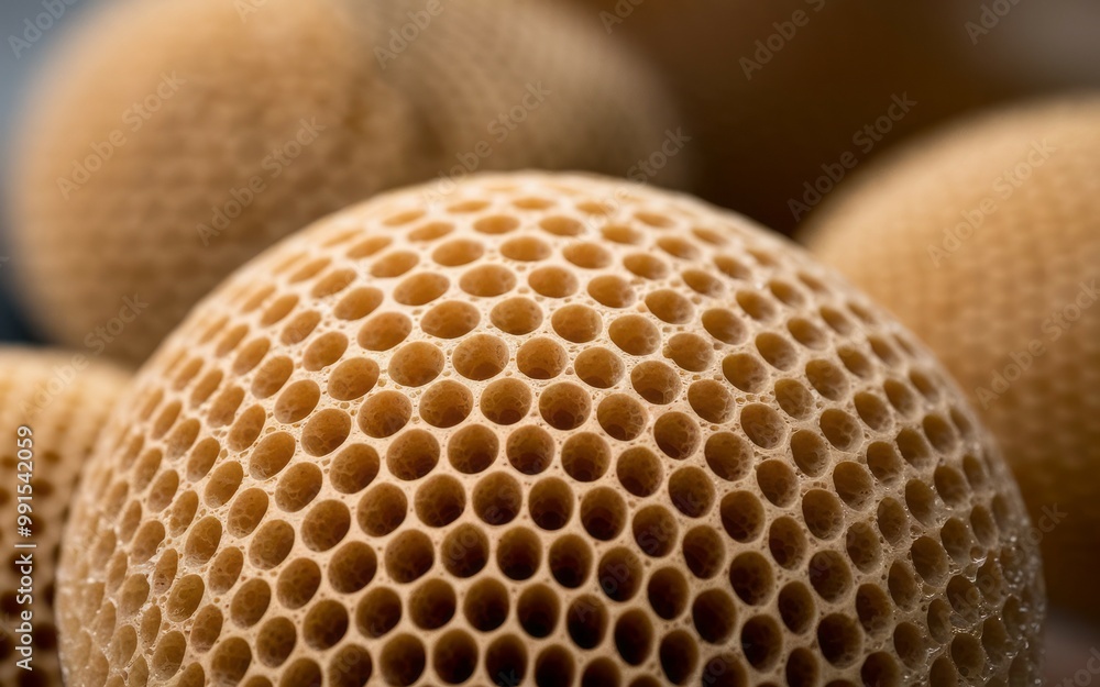 Poster honeycomb sphere texture. close-up image of a textured sphere, resembling a honeycomb, showcasing th