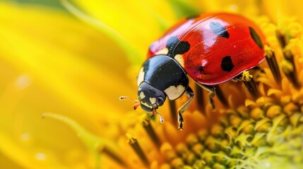 Obraz premium Vibrant Ladybug on Sunflower Petal - Close-Up Nature Shot with Striking Colors
