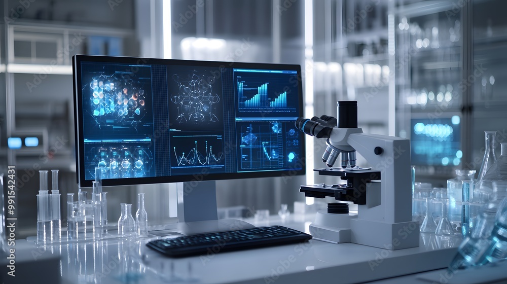 Poster a modern laboratory workstation with a computer displaying data and a microscope.
