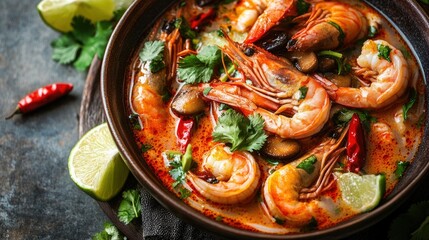 Close-up of Tom Yum Goong with prawns, mushrooms, and lemongrass, served in a bowl with lime wedges, chili, and cilantro for garnish