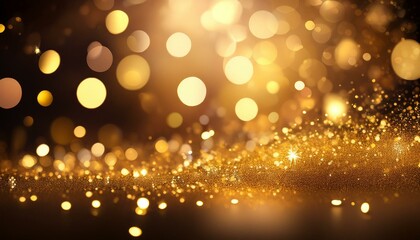 Shimmering golden blur with bokeh highlights set against a shadowy background. Theme of joyful festivities