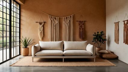  bohemian-inspired minimalist living room featuring a plush beige sofa with a low profile, generative ai