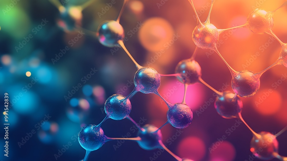 Poster abstract 3d representation of a molecular structure with vivid colors and bokeh background