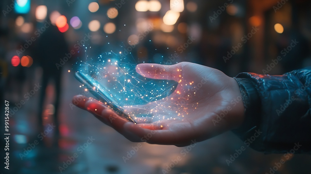 Aufkleber Metaverse and Blockchain Technology Concepts Person with an Experiences of Metaverse Virtual World via Smart Phone Futuristic Tone Hand Levitating Mobile Phone : Generative AI