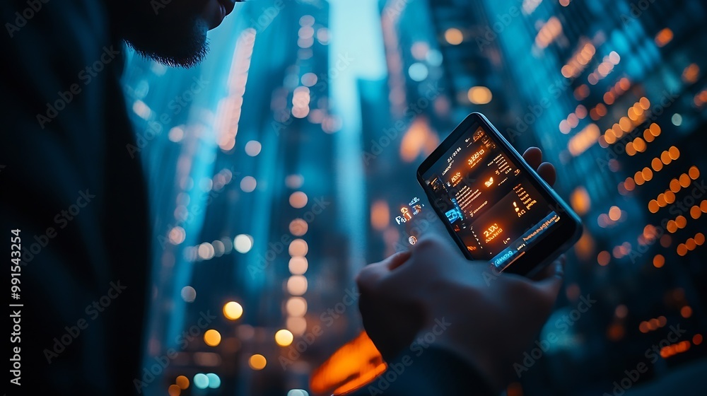 Poster Businessman using mobile smartphone on global network connection on investor and customer with sale data exchange and development of business Technology and digital marketing Financial : Generative AI