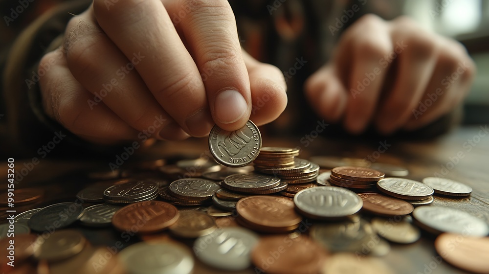 Aufkleber man counts his coins on a table personal finance finance management savings thrifty or avarice conce