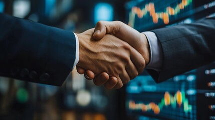 Business handshake on finance prosperity and money technology asset background  Economy and financial growth by investment in valuable stock market to gain wealth profit form currency  : Generative AI