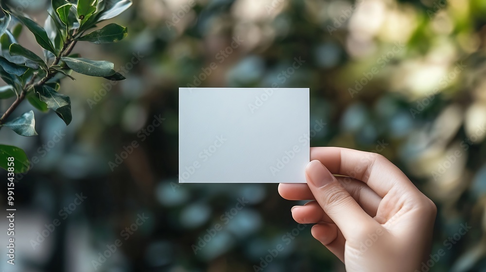 Aufkleber Hand hold blank plain white business card design mockup Clear calling cards mock up template holding arm Visit pasteboard paper surface display front Check small offset print Business  : Generative AI