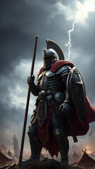 Fototapeta premium Mighty warrior stands tall against stormy skies with spear and shield