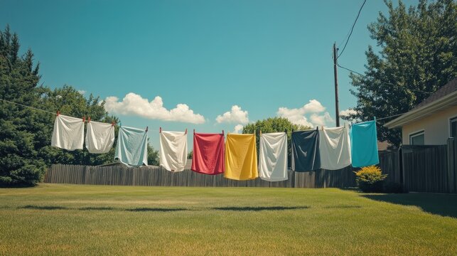 Clothes drying on a clothesline in a backyard with a clear, spacious sky providing ample room for copy. -