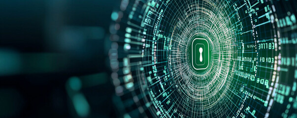 Obraz premium Secure lock symbol surrounded by matrix of digital data, representing cybersecurity and data protection. neon green tones create futuristic and high tech atmosphere