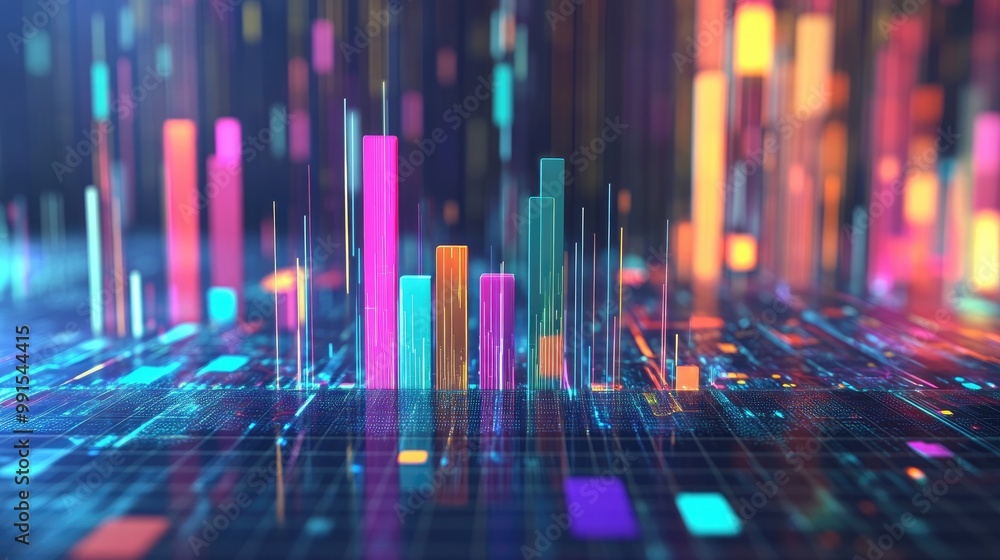 Poster a transparent 3d bar graph with bars of different colors and heights, floating in a blue digital mat