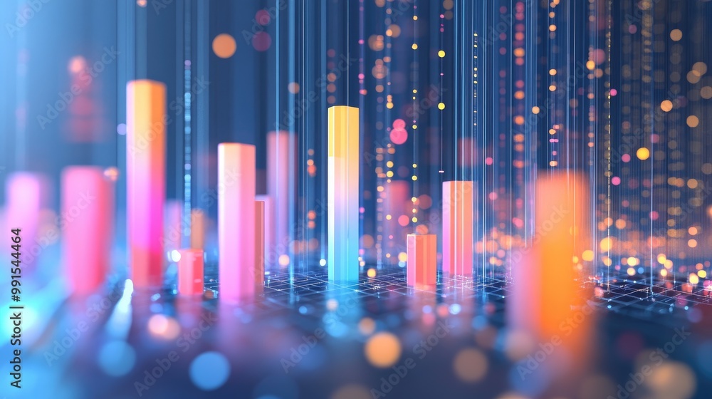 Poster a transparent 3d bar graph with bars of different colors and heights, floating in a blue digital mat