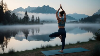 Yoga enthusiast performs a pose on lakeshore amidst foggy mountain scenery