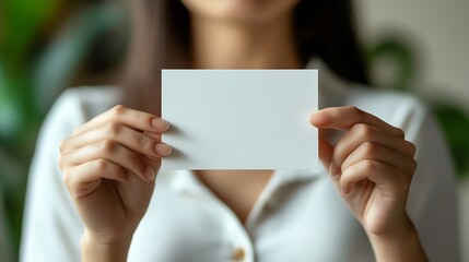 Woman holding blank business card for mock up : Generative AI