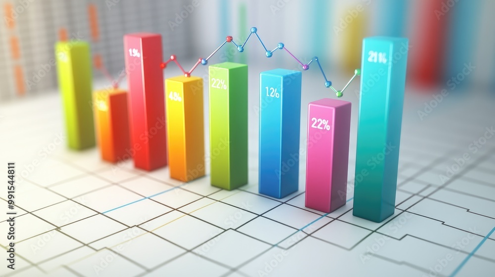 Poster a vibrant 3d bar chart in blue, red, and green colors, with data labels floating above each bar, sho