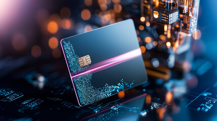 A futuristic credit card design featuring sleek matte finish and intricate circuit patterns, set against backdrop of glowing digital elements. This image evokes sense of advanced technology and innova