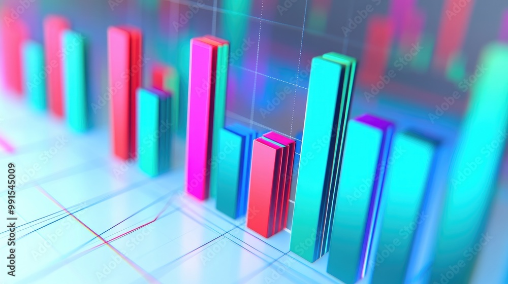 Poster a vibrant 3d bar chart in blue, red, and green colors, with data labels floating above each bar, sho