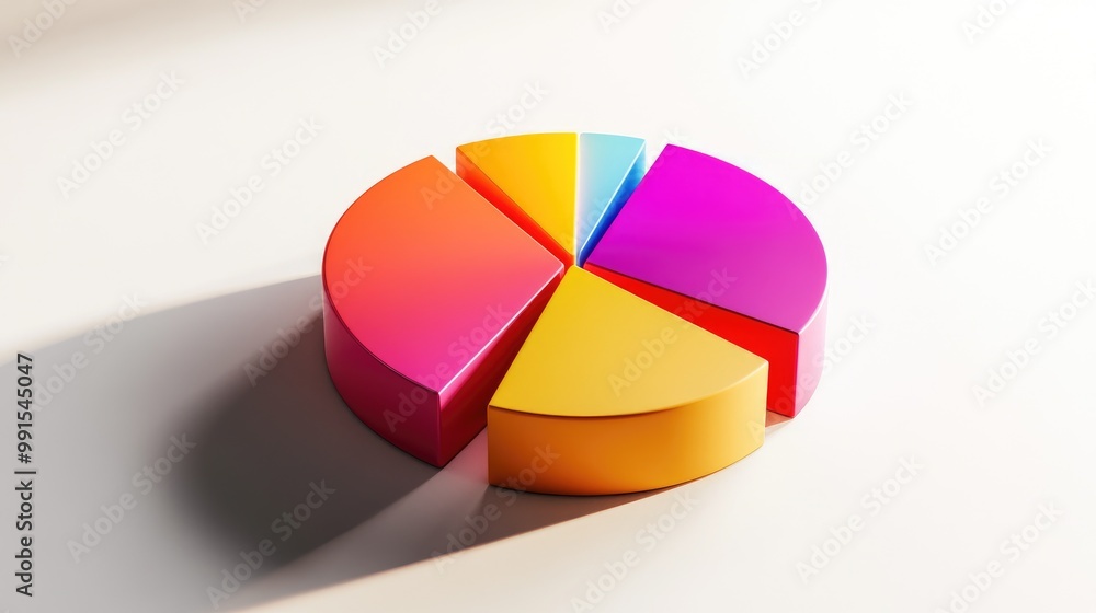Poster a vibrant 3d pie chart with segments of various heights and colors, casting shadows on a white surfa