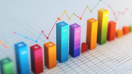 A vibrant 3D bar chart in blue, red, and green colors, with data labels floating above each bar, showing an upward trend on a white background with grid lines