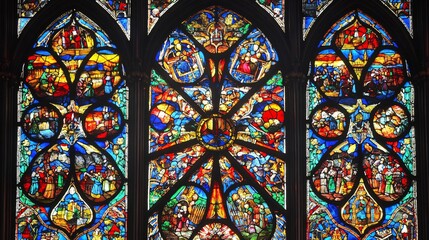 Fototapeta premium Colorful stained glass window with intricate designs and scenes.