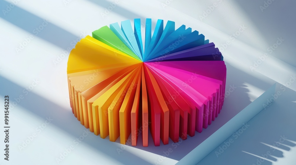 Poster a vibrant 3d pie chart with segments of various heights and colors, casting shadows on a white surfa