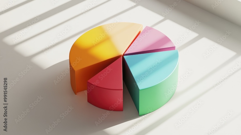 Poster a vibrant 3d pie chart with segments of various heights and colors, casting shadows on a white surfa